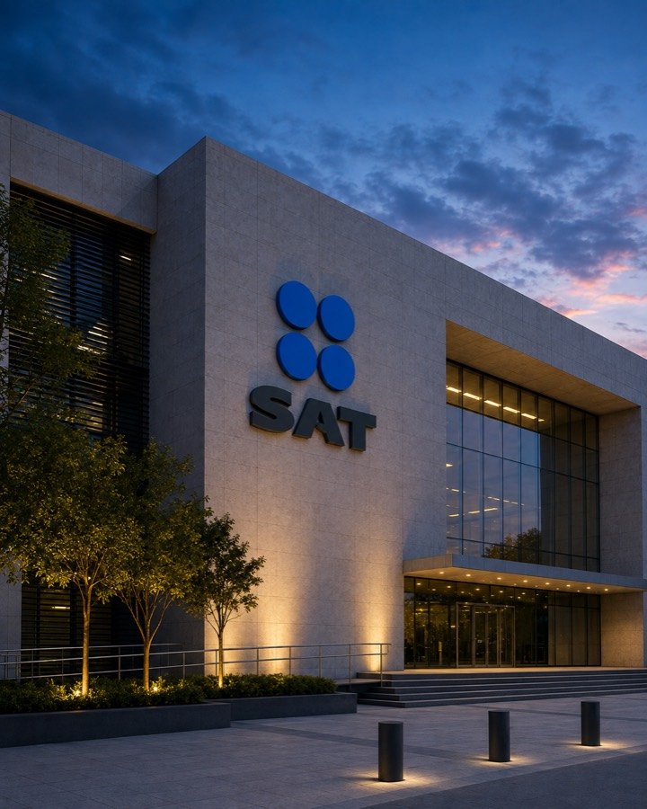 Fachada de las oficinas del SAT al anochecer